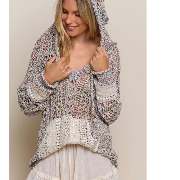 POL CLOTHING cover up hoodie thin sweater rainbow grey crochet pocket rainbow - Picture 3 of 9